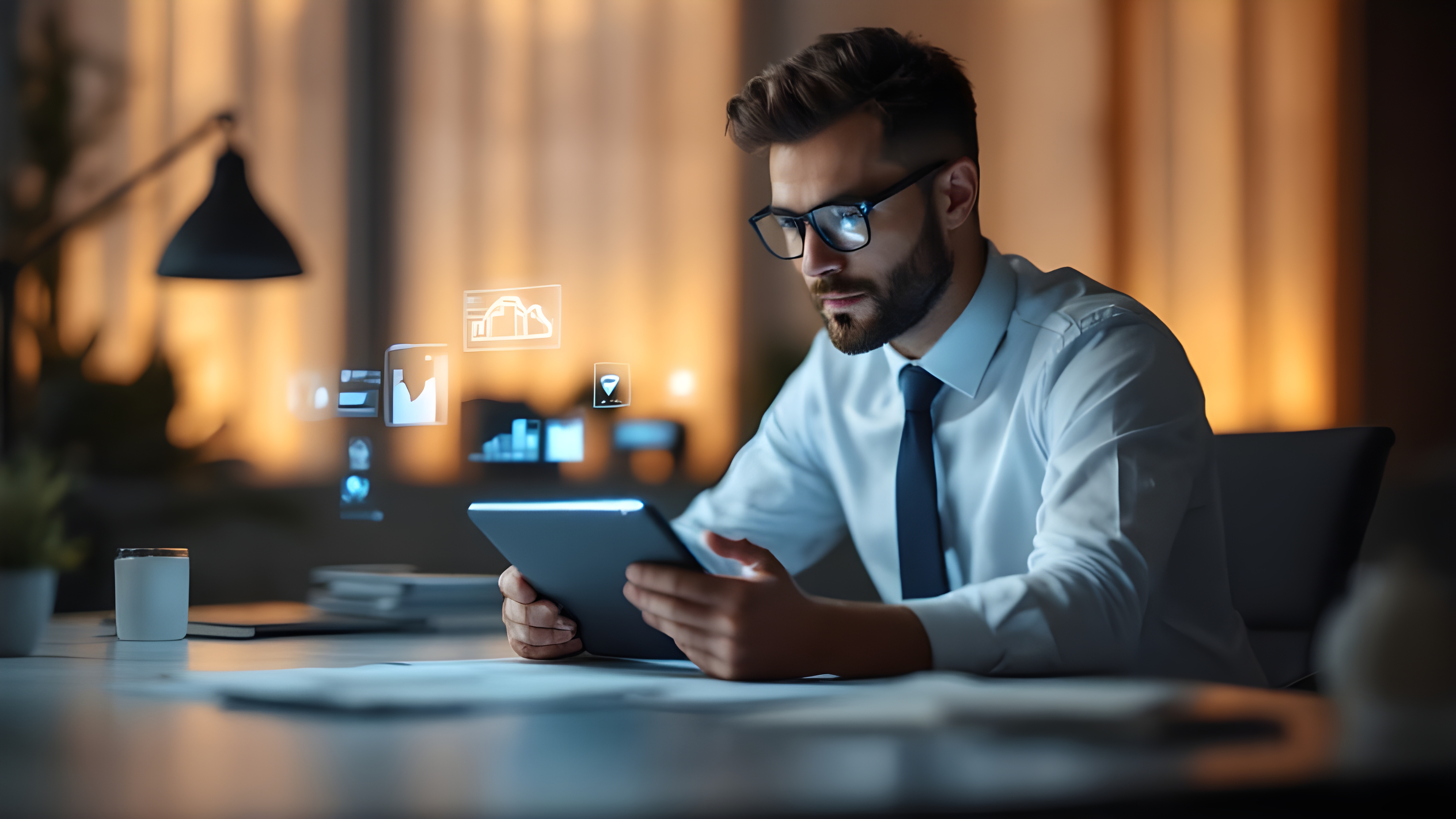 Insurance man looking at his tablet with digital icons coming out of it