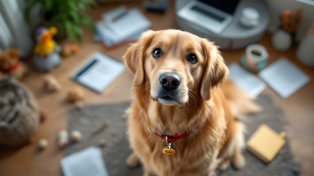 a dog looking up at the camera with big mess around it