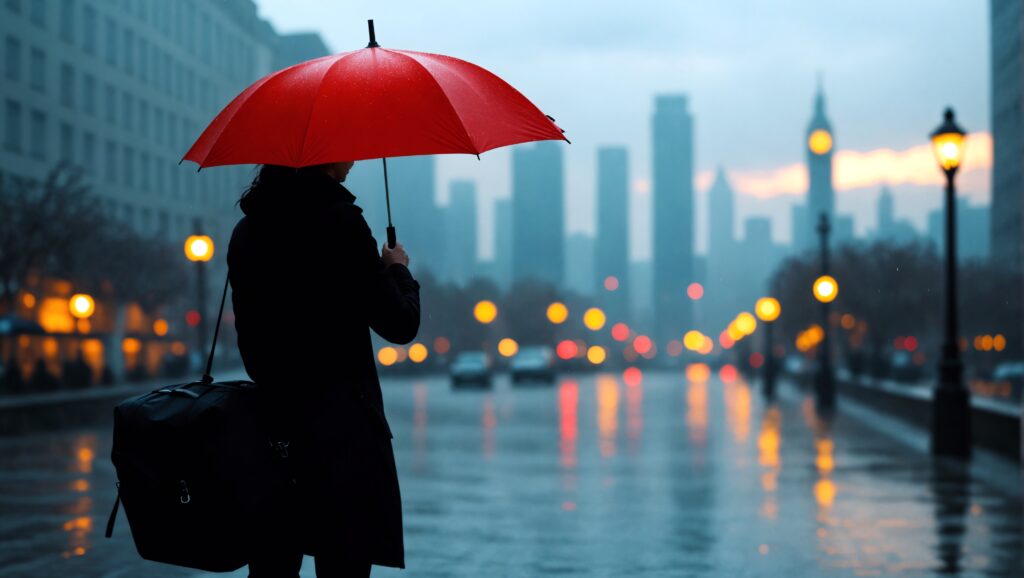 Person holding a red umbrella during a rainy day in the city
