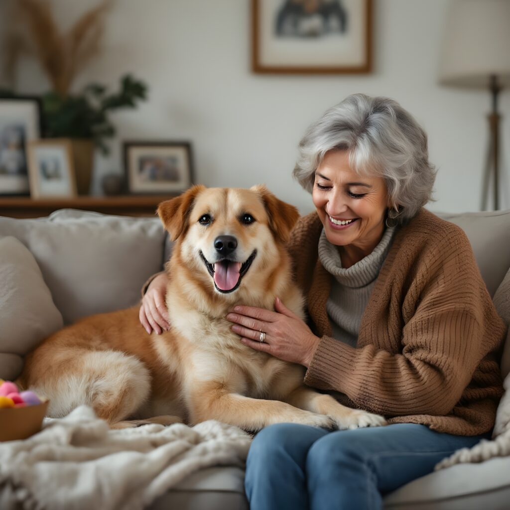 elderly woman with her dog cuddling on the sofa
